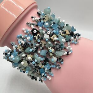 Aquamarine Dalmation Jasper Chip Stone Seed Bead Weave Wide Bracelet Artisan